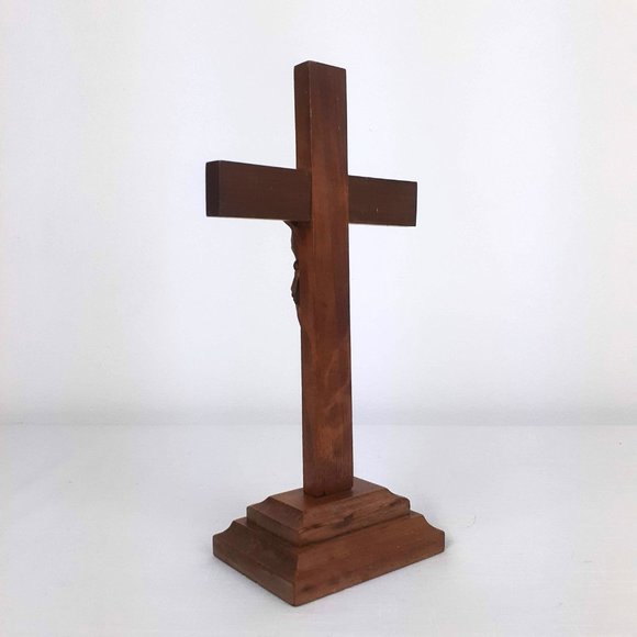 Vintage Wooden Cross with Metal Crucifix INRI Freestanding - Picture 4 of 12